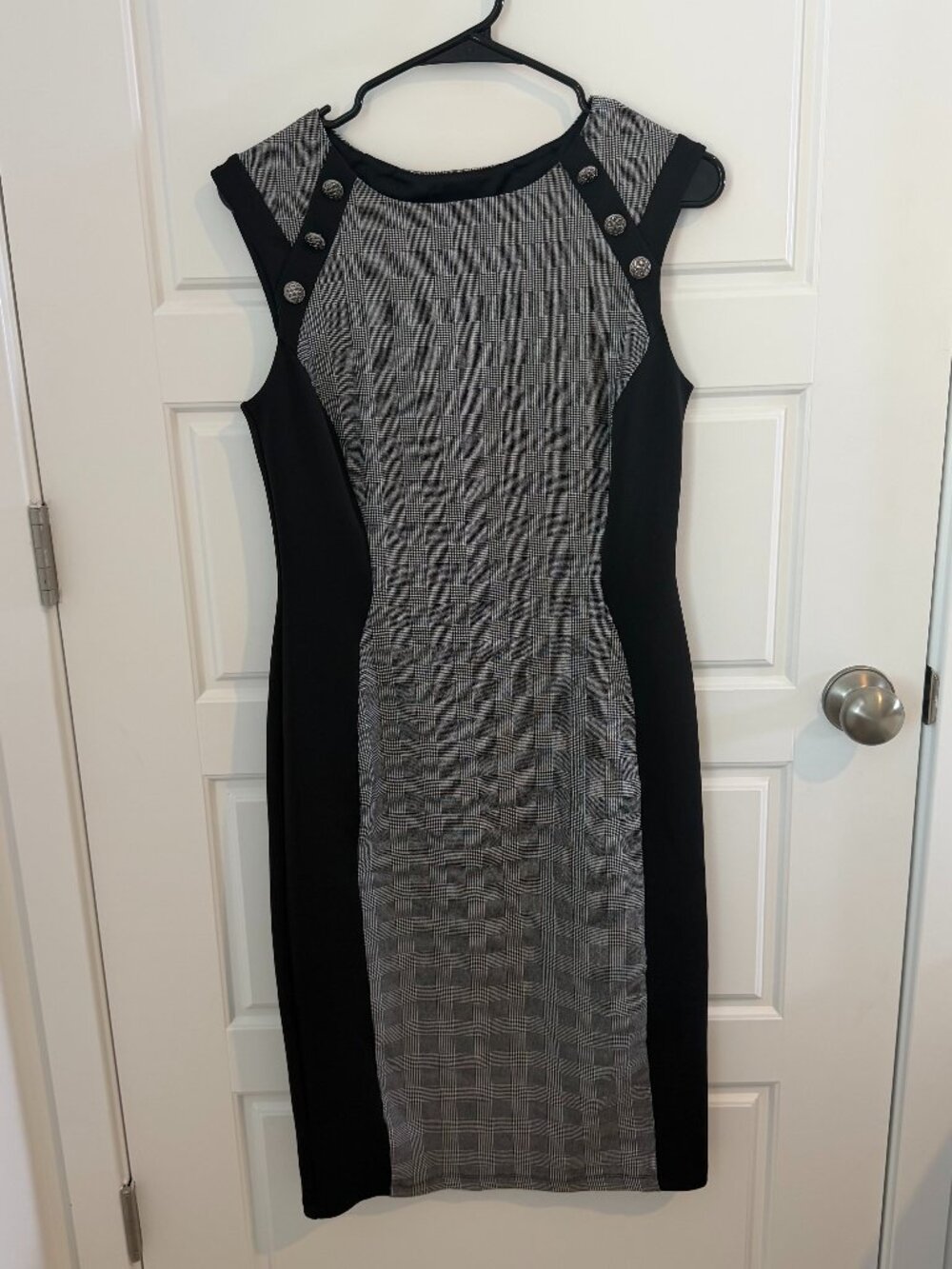 Enfocus Studio Plaid Sheath Dress Gray Black Career Office Midi Size 8